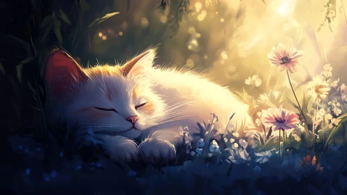 A White Cat Dreams Among Golden Flowers.