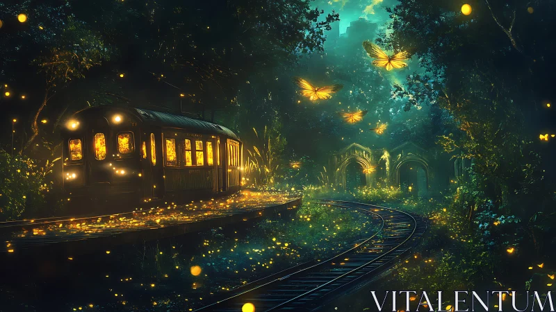 Glow-kissed forest train glides toward a dreamy, golden gateway