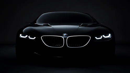 Midnight black BMW coupe front view in dramatic studio lighting.