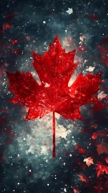 Glowing red maple leaf shining softly against starry night.