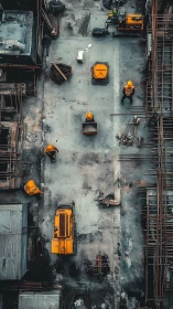 Vertical aerial view of construction site with workers present.