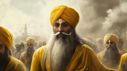 Sikh elder in saffron turban leading solemn ceremonial march.