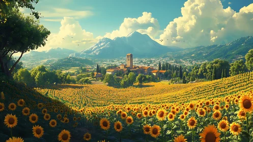 Sunlit sunflower valley embracing a quiet mountain village.