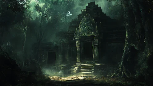 Ancient jungle temple looms through misty emerald shadows.