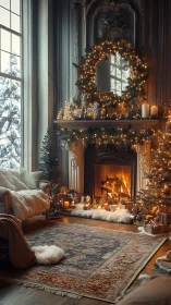 Cozy winter hearth glowing with soft holiday candlelight.