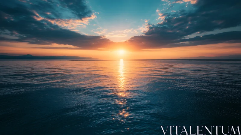 Wide-angle seascape sunrise with reflective calm water plane