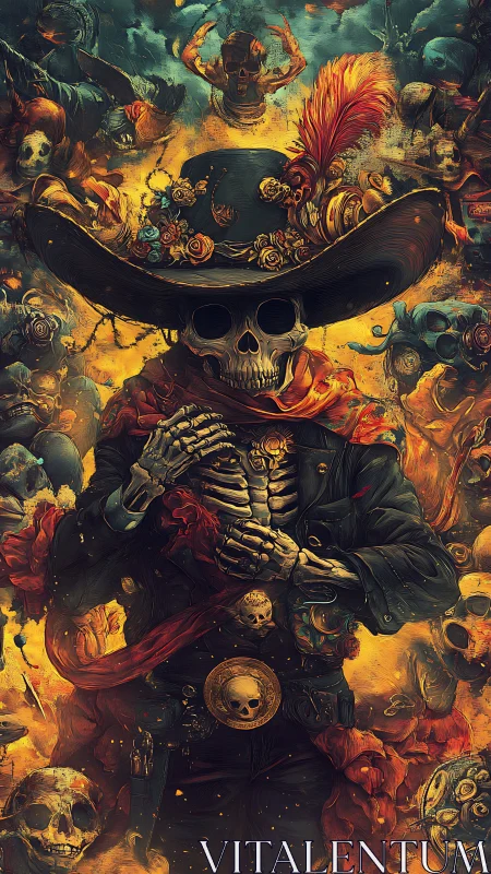 Skeleton gunslinger amid blazing skull storm tableau.