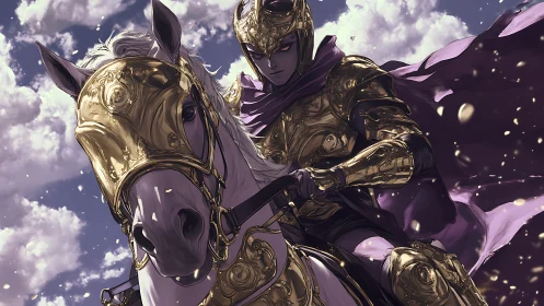 Armored knight on white warhorse under dramatic clouded sky