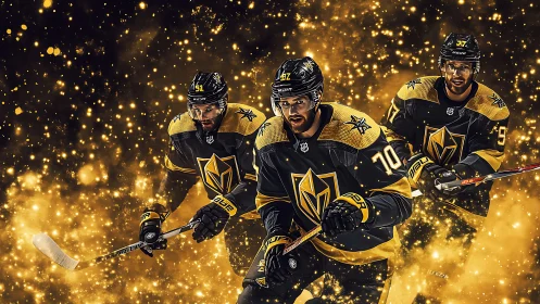 Golden hockey trio skating through sparkling lights.