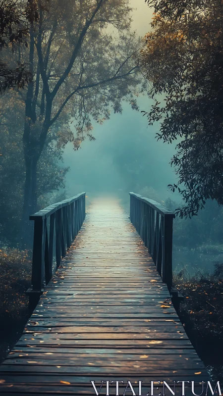 Fog-draped wooden bridge inviting wanderers into blue hush.