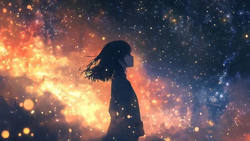 Solitary girl gazes into a glowing, star-filled cosmos