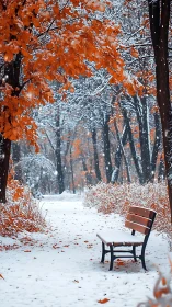 Snow-dusted park bench beneath vivid orange autumn canopy.