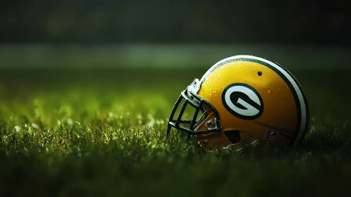 Yellow football helmet with dew resting on wet turf field.