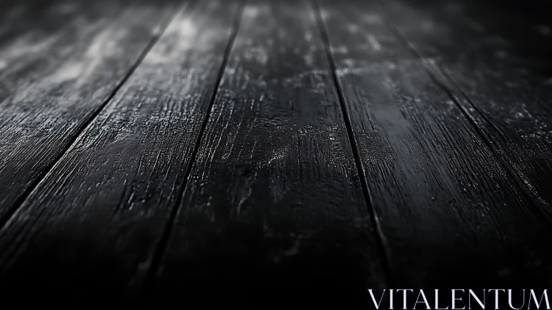 Dark wooden floorboards exhibit shallow depth of field focus
