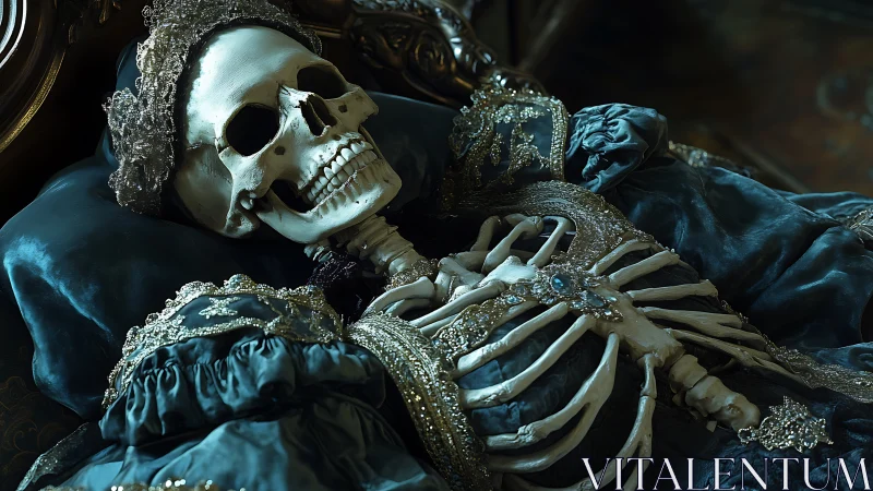 Regal skeletal effigy in baroque textile and jeweled regalia.