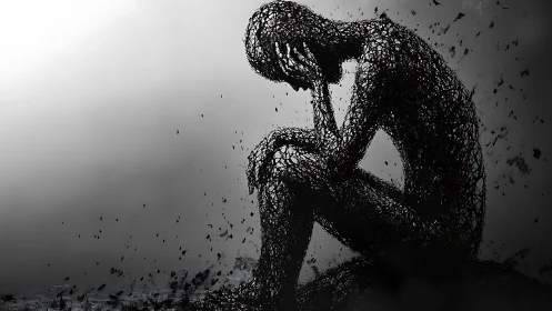 Disintegrating wireframe human figure in seated introspective pose