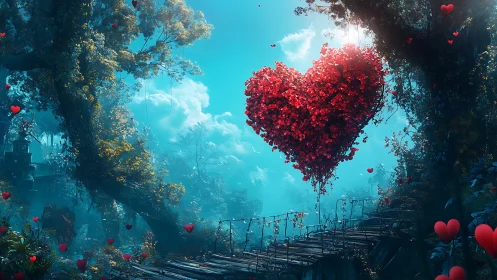 Crimson Heart Suspended in Ethereal Forest Sanctuary