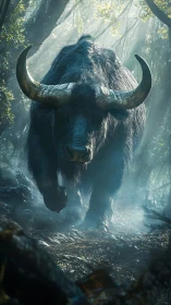 Massive horned buffalo charging through misty jungle path.