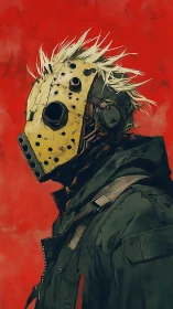 Masked punk figure in profile against red backdrop.