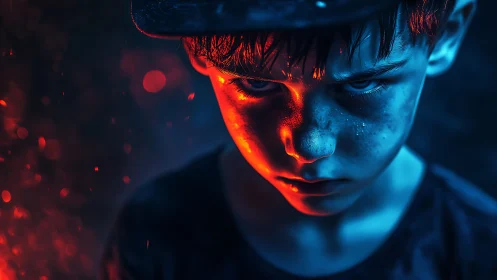 Bicolor rim-lit boy portrait with dramatic chiaroscuro contrast.