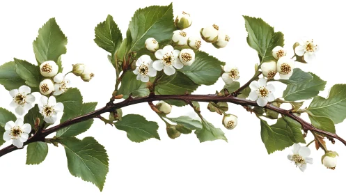 Botanical Study of Flowering Hawthorn Branch with White Blossoms.