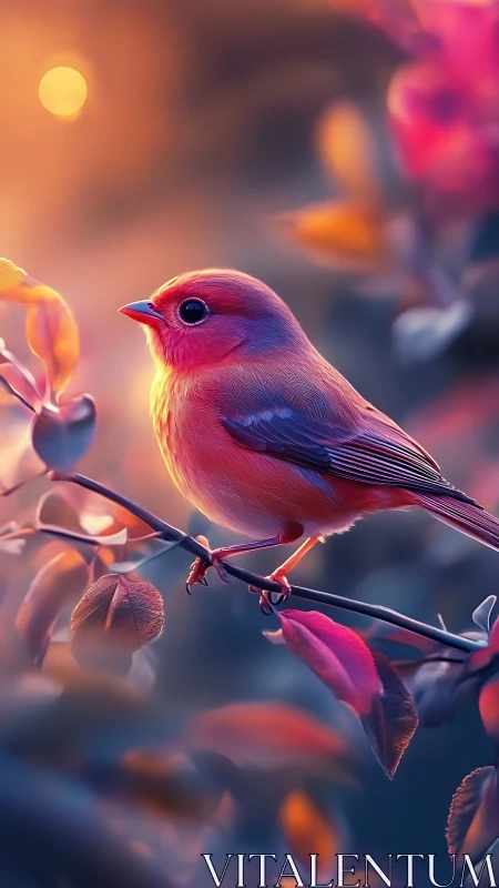 Iridescent songbird on twig in bokeh sunset, neon warm palette