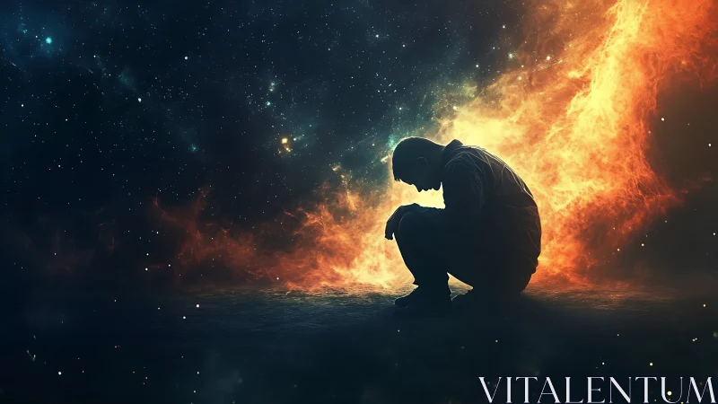 Quiet figure kneeling in cosmic firelit night sky.
