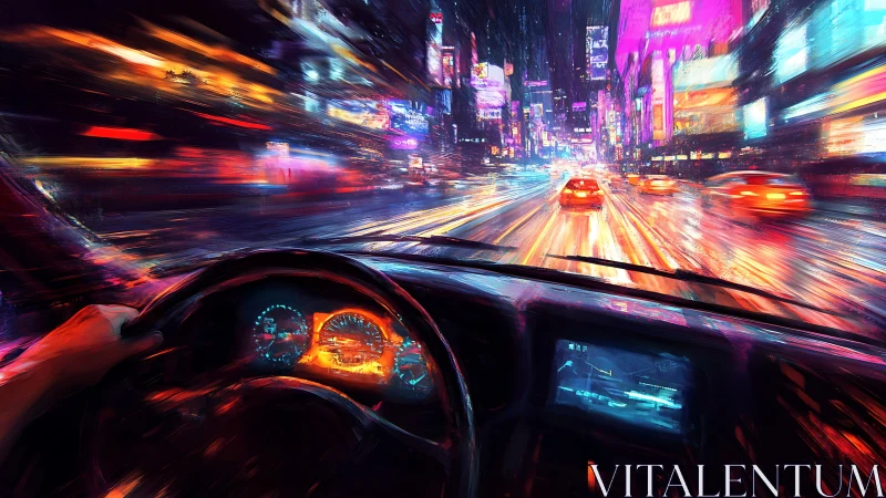 Neon night drive through futuristic city streets at speed.