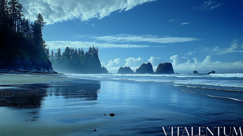 Rocky coastal seascape under vivid blue morning light.