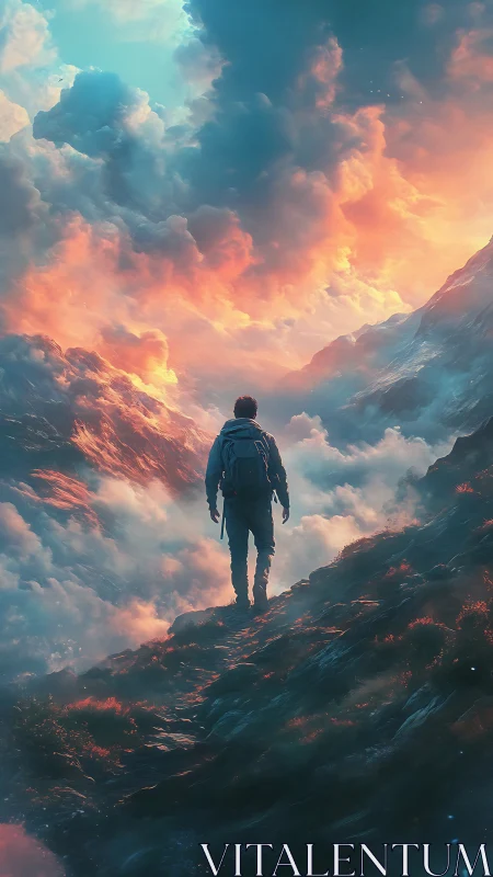 Lone hiker ascends a luminous, dreamlike mountain trail.