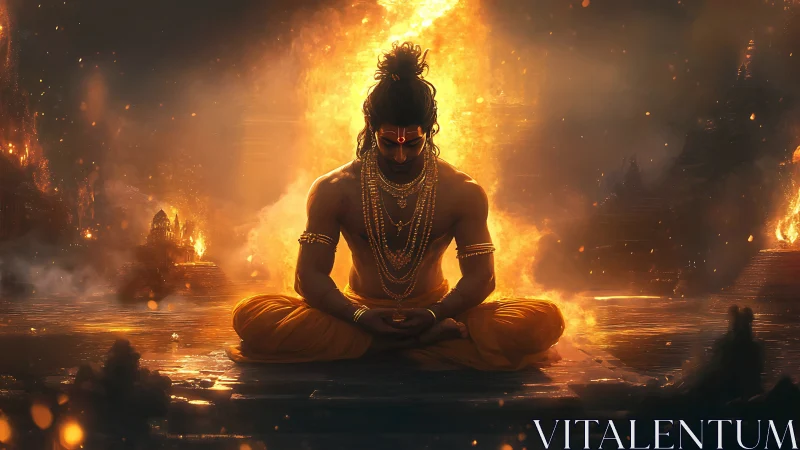 Meditating warrior figure in fiery mythic landscape.