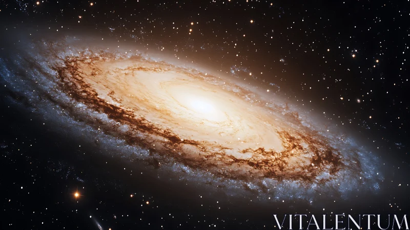 Edge-on spiral galaxy rendered with dense stellar field and dust lanes