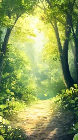 Sunlit forest path with dense canopy and verdant undergrowth
