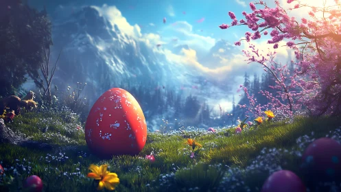 Glowing red egg rests in a dreamy spring mountain meadow