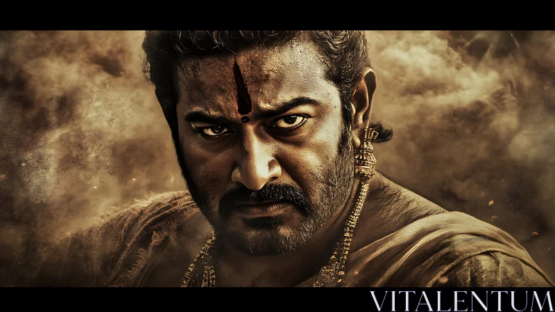 Intense warrior gaze emerging from swirling golden dust.