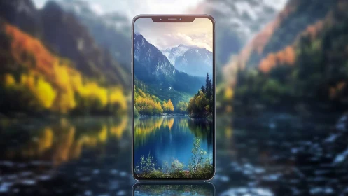 Smartphone framing calm mountain lake and autumn forest.