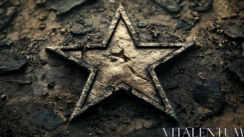 Weathered metal star rests embedded in cracked earth