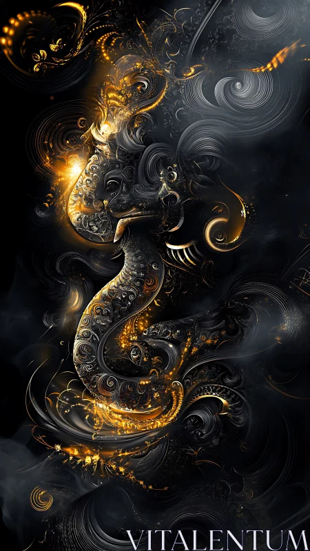 Golden fractal dragon coils through swirling cosmic smoke.