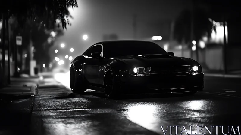 Black sports car on wet city street at night in monochrome.