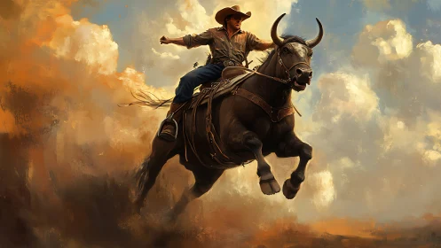 Cowboy rides a charging bull through stormy desert sky