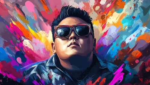 Bold portrait in sunglasses framed by vivid color bursts.
