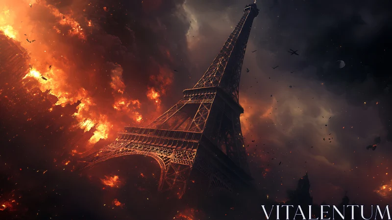 Eiffel Tower engulfed in flames and smoke.