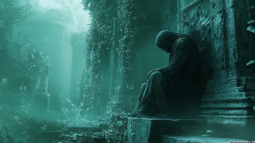 Shrouded statue mourns in misty overgrown graveyard ruins