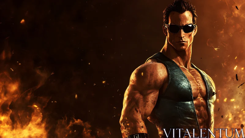 Muscular sunglasses fighter stands against fiery backdrop.