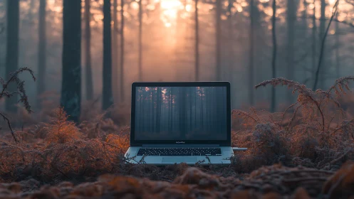 Laptop integrates with misty forest at warm sunrise.