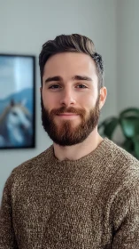 Warm bearded man in cozy sweater enjoys a calm home moment