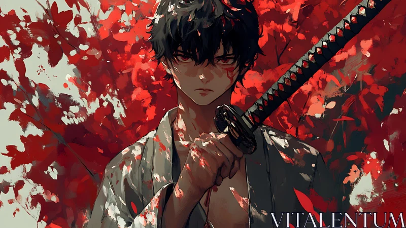 Scarlet leaves circle the silent swordsman’s steady gaze