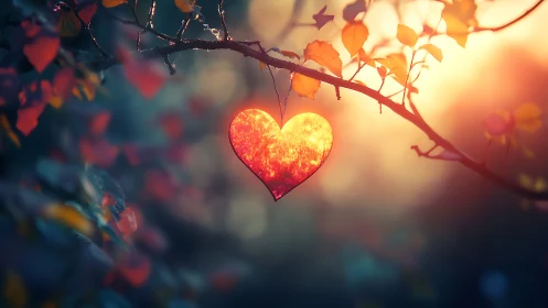 A luminous heart glows warmly amid autumn branches