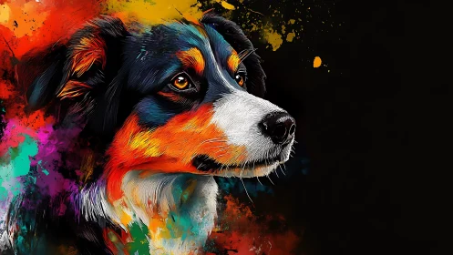 Aurora-coated dog gazes through a storm of neon splashes.