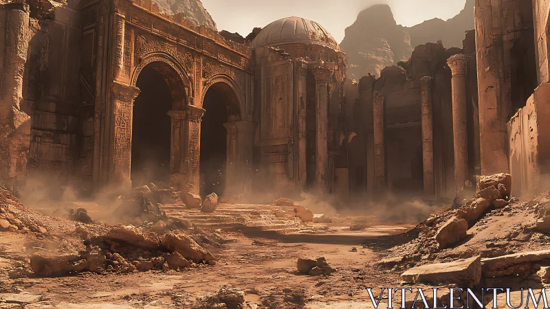 Sunlit desert ruins with domed temple and carved arches.